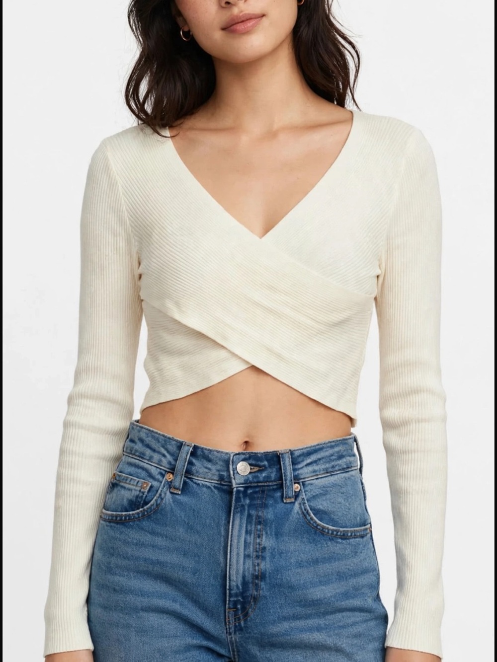 Ribbed Cream Wrap Long-Sleeve Crop Top